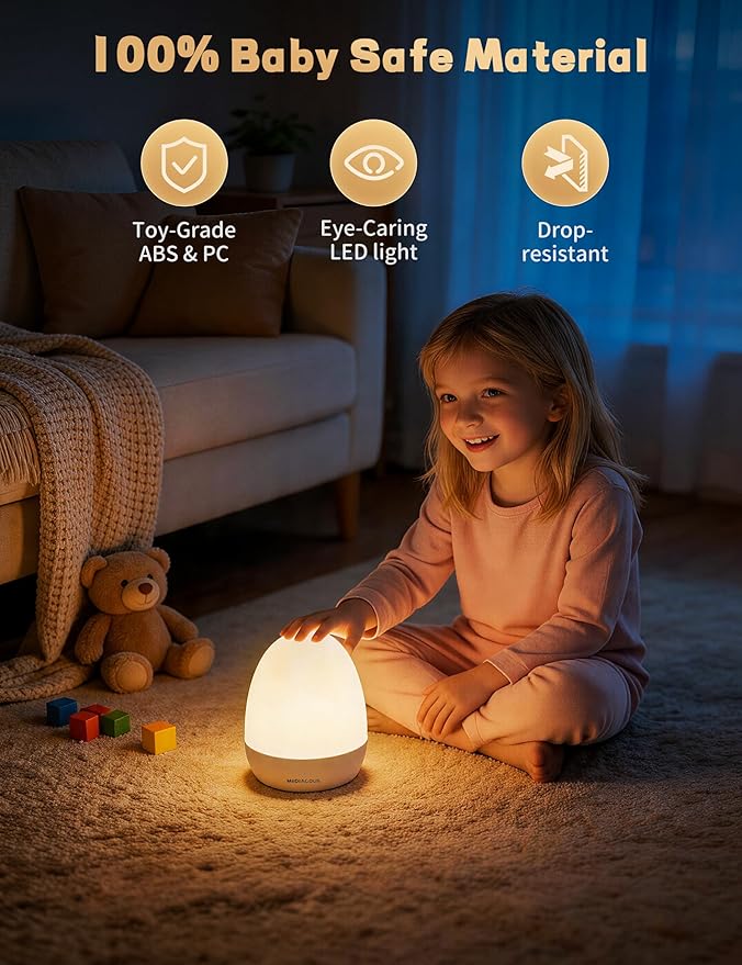 MediAcous Night Lights for Kids Room, Egg Light for Nursery with Stable Charging Pad, Dimmable Baby Night Light with 1H Timer & Touch Control, ABS+PC LED Egg Night Light for Breastfeeding, Up to 200H