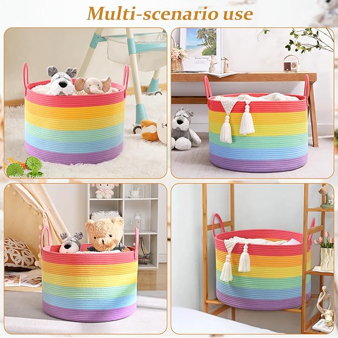 67L Rainbow Storage Basket for Organizing, 20"×13" Large Laundry Baskets, Cotton Rope Woven Blanket Basket, Toy Storage for Kids, Collapsible Blankets Storage for Living Room, Nursery Room