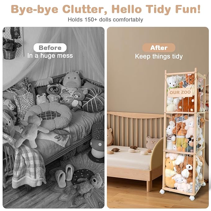 Stuffed Animal Storage, Wooden Cute Zoo Toy Holder with Brake Wheels, Space Save Toy Organizer, Large Capacity Stuffed Animal Holder, Perfect for Nursery Playroom Kidroom Bedroom-54 Inch