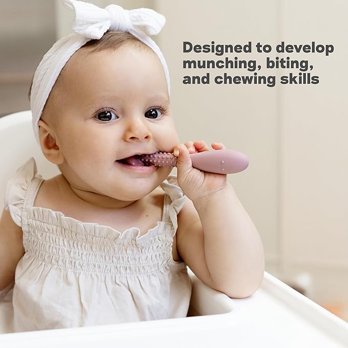 ezpz Oral Development Tools (3 Pack in Blush) - 3 Months+ - Non-Slip Loop, Smile and Stick 100% Silicone Tools - Prepare for Chewing + Solids - Baby-Led Weaning Supplies