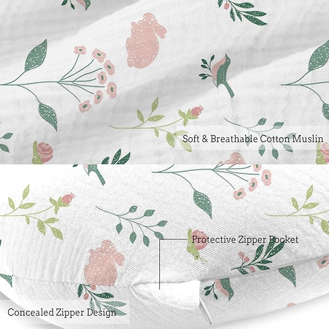 Little Grape Land Nursing Pillow, Soft 100% Cotton Breastfeeding Pillow with Breathable Muslin Cotton Removable Cover, Pink Bunny Breast Feeding Pillows for Babies 0-12 Months with Protective Zipper