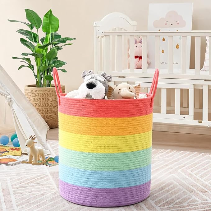 52L Rainbow Storage Basket for Organizing, 15"×18" Large Tall Laundry Baskets, Cotton Rope Woven Blanket Basket, Toy Storage for Kids, Collapsible Laundry Hamper for Living Room, Nursery Room