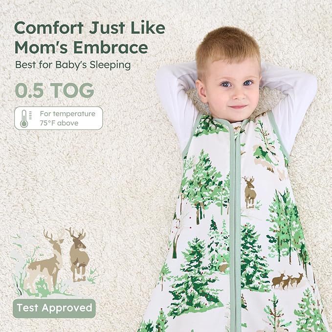 Baby Sleep Sack 18-24 Months 100% Cotton Lightweight 0.5 TOG Wearable Blanket Baby Sleep Bag with 2-Way Zipper for Infant Toddler Green Pine Tree