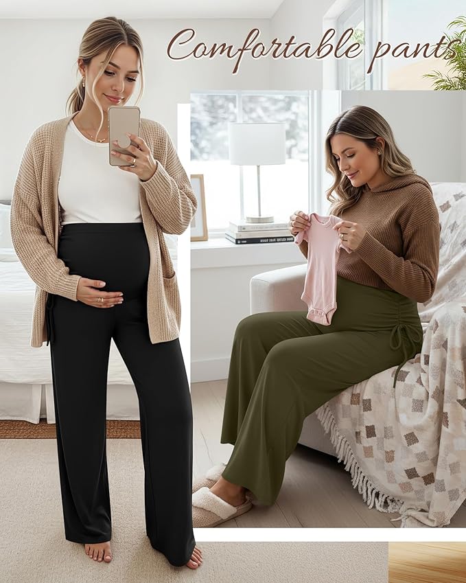 Neer 3 Pack Women's Maternity Pants Over The Belly Loose Pregnancy Pants Stretchy Lounge Wide Leg Trousers with Pockets