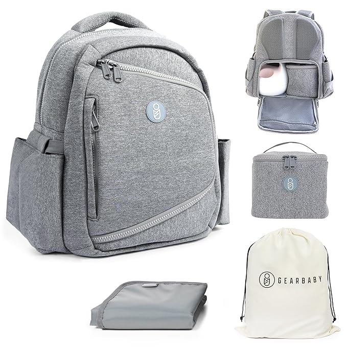 Gear Baby Breast Pump & Diaper bag Compatible with Spectra S1, S2, Medela, Neoprene Wearable Baby Breast Milk cooler Travel Diaper Bag Backpack for Working Mom and Family with Changing Pad (Grey)