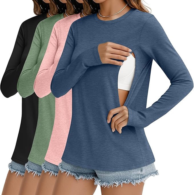 4 Pack Women's Nursing Breastfeeding Tops, Long Sleeve Maternity Shirts Loose Fit Hidden Zipper Pregnancy Clothes