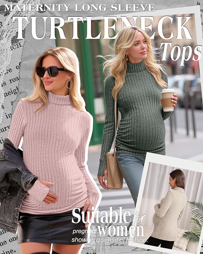 3 Pack Maternity T-Shirts Pregnancy Tops Women Sweater Long Sleeve Turtleneck Ribbed Finger Sleeve Outfits