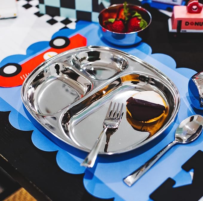Ahimsa Stainless Steel Plates for Kids - Divided Plates for Toddlers, Pediatrician Designed, Non Toxic Toddler Plate, Camping Plate, BPA Free & Dishwasher Safe (Set of 4)