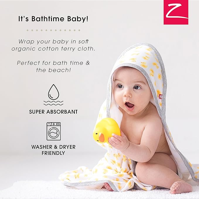 Zutano Hooded Baby Towels, Organic Cotton Baby Bath Towel, Ultra Soft and Absorbent Baby Towel for Newborn and Infant | Girl, Boy, and Unisex Towel Set, Rubber Duckies, 1-Pack