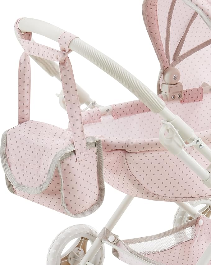 Olivia's Little World Polka Dot Princess Baby Doll Pram Stroller with Retractable Canopy & Storage, Pink