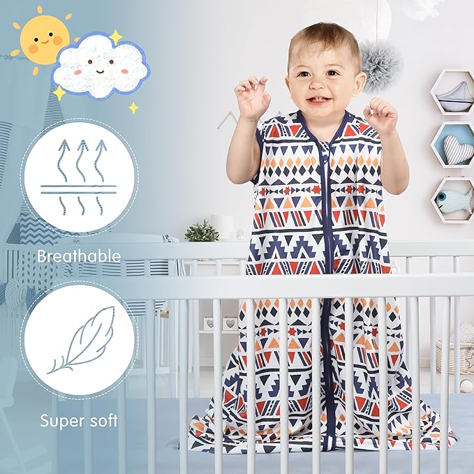 3 Pack Baby Sleep Sack 100% Rayon Cotton Baby Sleeping Bag 2-Way Zipper Toddler Wearable Blankets TOG 0.3. (Soccer&Triangles&Blue, 12-18 Months)