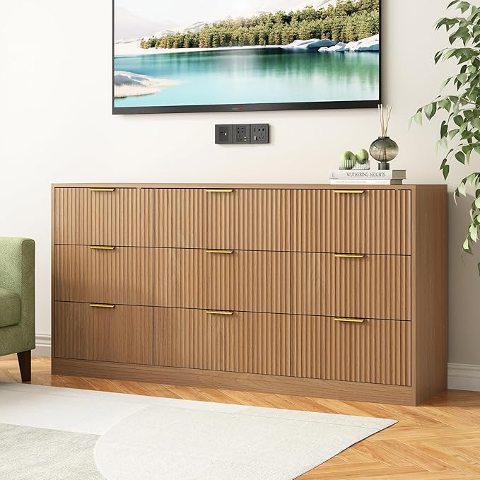 9 Drawer Dresser for Bedroom with Deep Drawers, 63" Wide Wood Dresser, Large Floor Chest of Drawers, Modern Long TV Stand, Mid Century Storage Cabinet Side Table, Natural