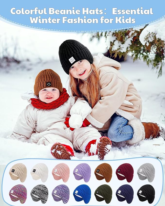 3 Pack Baby Beanie Hats with Earflaps, 2 Size Baby Winter Hat for Infant Toddler Kids, Fleece Lined Knit Hat for Girls Boys