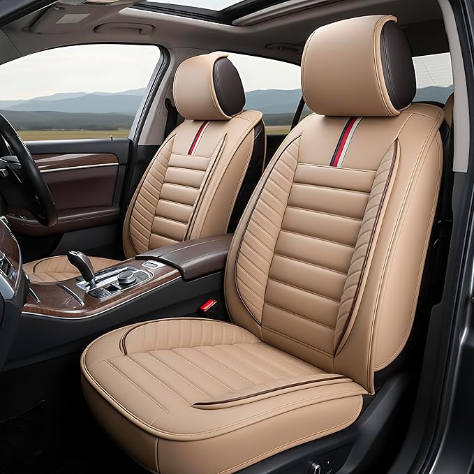 OASIS AUTO Car Seat Covers Premium Waterproof Faux Leather Cushion Universal Accessories Fit SUV Truck Sedan Automotive Vehicle Auto Interior Protector Front Pair (OS-001 Tan)