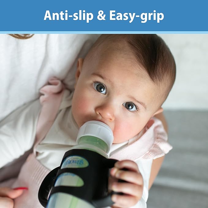 Dr. Brown's Narrow Baby Bottle Handles, 100% Silicone, Easy Grip Removable Handles for Bottle to Sippy Cup Transition, Black/Ecru/Pink, 3-Pack, 4m+