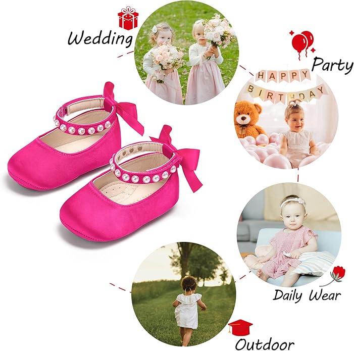 Baby Girls Mary Jane Flats - Infant Newborn Walking Shoes Soft Rubber Sole Princess Wedding