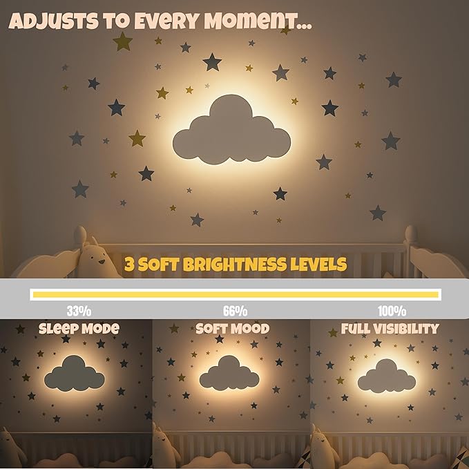 KALEOLI Cloud Night Light for Nursery - Dimmable & Rechargeable Kids Wall Lamp for Bedtime Routines - Crib & Baby Room Decor Nigth Light - 68Pcs Star Wall Decals Included