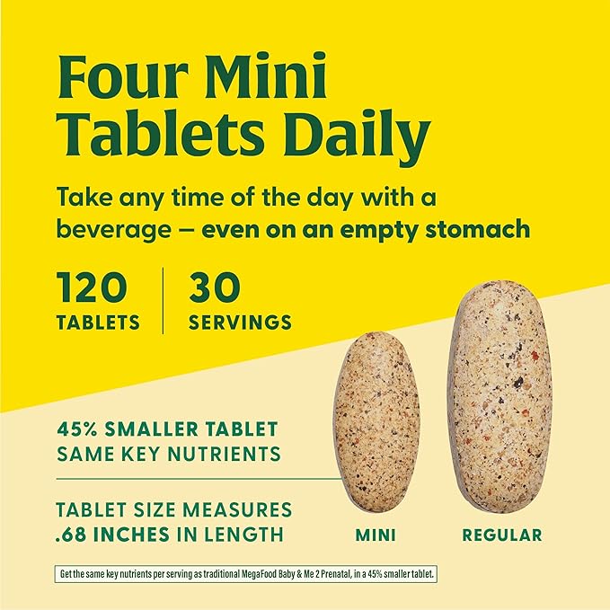 MegaFood Baby & Me 2 Prenatal Multi Minis - Prenatal Vitamins for Women with Choline & Methyl Folate - Gluten-Free, Vegetarian, Pre Natal Multivitamin for Women – 120 Minis Tablets, 30 Servings