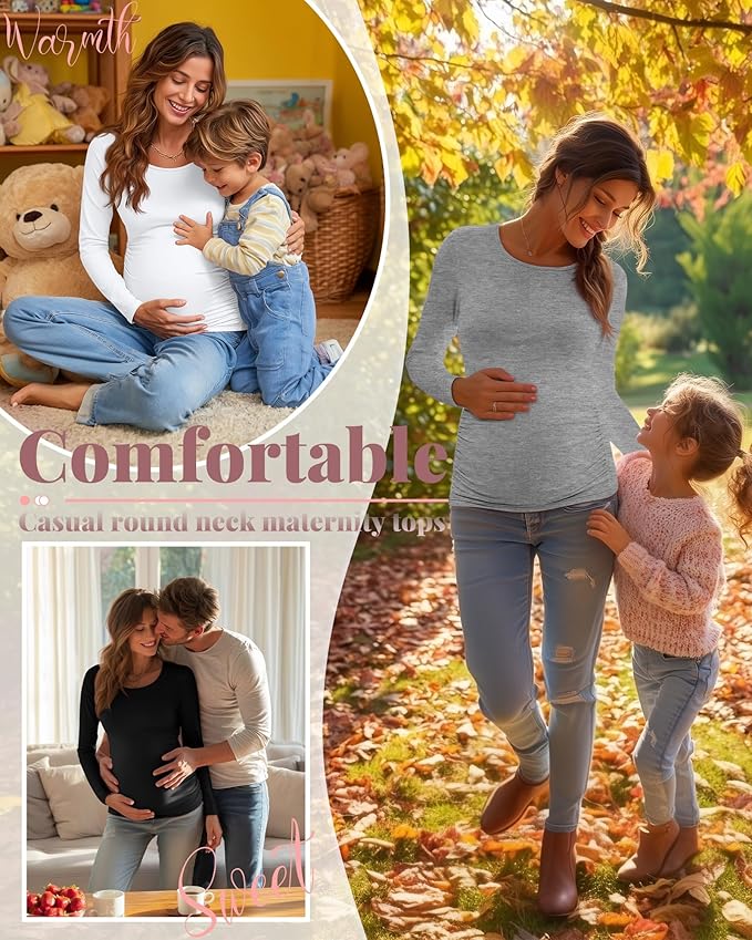 Ficerd 3 Pack Women's Maternity Shirts, Long Sleeve Side Ruched Pregnancy Tee Tops Crew Neck Casual Mama Clothes Basic Tunic