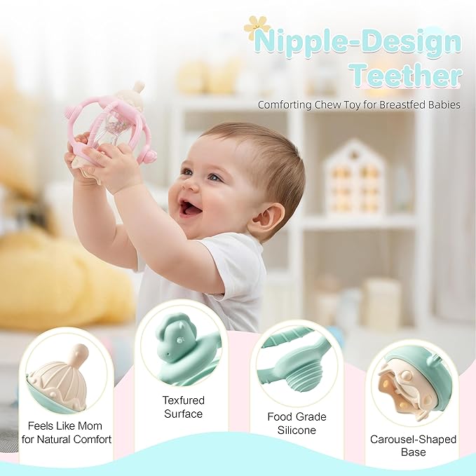 Baby Montessori Sensory Toys Baby Teething Toys Silicone Teethers for 3-6 6-12 Months Gifts for Newborn Infant Boys Girls (Pink)