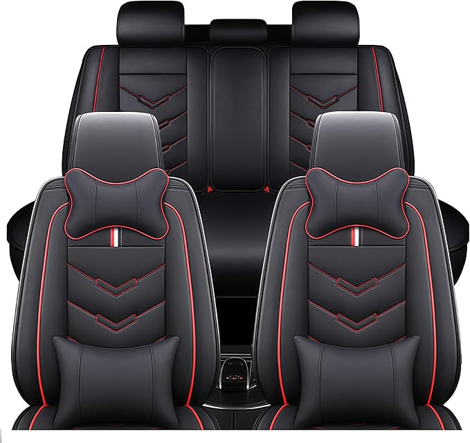 Leather Car Seat Covers Fit for LR LR4 2009-2016, 5 Seater Waterproof and Wear-Resistant Seat Cover Interior Accessories(Full Set with Pillow,Black&Red)