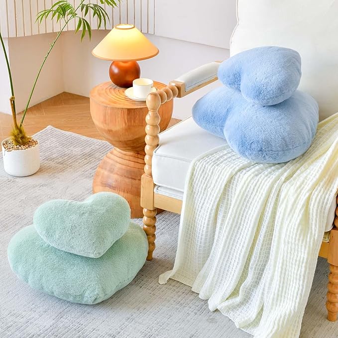 Dusty Blue Heart Pillows, Cute Heart Decorative Pillow, Heart Shaped Throw Pillows for Bed, Faux Rabbit Fur Plush Hoom Decor Pillow Cushion for Chair Sofa Living Room (Large-19.6"x15.7")