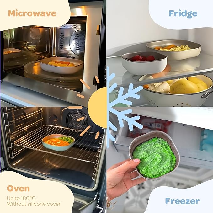 BEABA Stainless Steel Meal Set | Microwave and Oven Safe | Baby Plates Baby Bowls and Cup with Anti-Slip Silicone Cover | Kids Plates Non Toxic, Sage Green