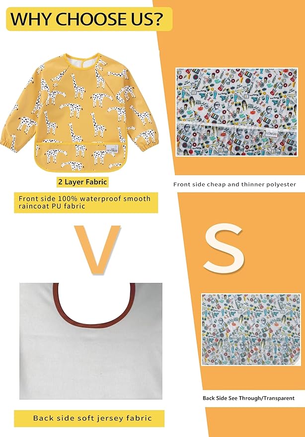 2 Pack Baby Bibs for Boy,Baby Bibs for Eating,Mess Proof Baby Bib,Full Sleeve Bib,Waterproof Bib for Toddlers