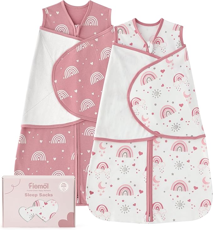 Baby Swaddle Sleep Sack 3-6 Months, Cotton Swaddles for Newborns Girls, 2-Way Zipper Transitional Infant Wearable Swaddling Blanket with Quiet Closure, 0.5 TOG 2 Pack Soft Pink Rainbow