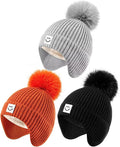 3 Pack Baby Winter Hats with Earflaps, 2 Size Kids Pom Pom Beanie for Infant Toddler Children, Smiley Face Hat for Girls Boys