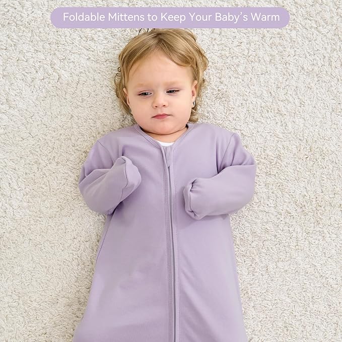 Baby Sleep Sack 12-18 Months, Long Sleeve Baby Wearable Blanket 0.5 Tog with Mittens, 2-Way Zipper Toddler Cotton Sleeping Sack for Boy and Girl Purple Butterfly 2 Pack(Large)