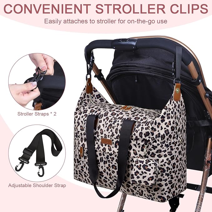 Pritent Diaper Bag Tote - Diaper Baby Bags with Pacifier Case, Shoulder Straps, Stroller Clips, Waterproof Large Mommy Maternity Travel Baby Bag for Mom and Dad, Leopard, Medium