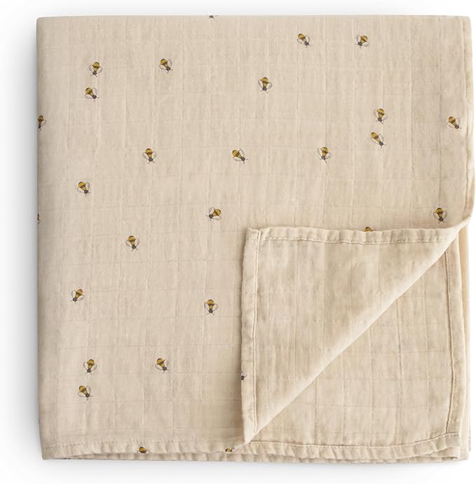 mushie Muslin Baby Swaddle Blanket | 100% Organic Cotton (Bees)