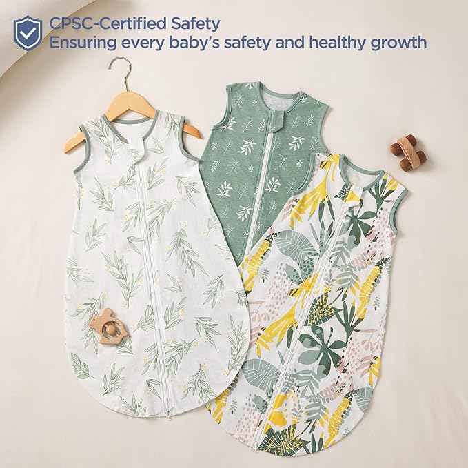 Duomiaomiao 3-Pack Baby Sleep Bag, 100% Organic Cotton Lightweight Wearable Blanket, Breathable Comfy Toddler Sleeping Sack (0.5tog Green Leaves, Large)