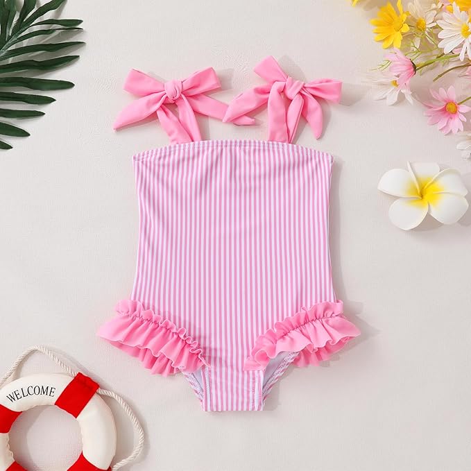 Happy Town Toddler Swimsuit Girl Solid Color Stripe One-Piece Baby Bathing Suits