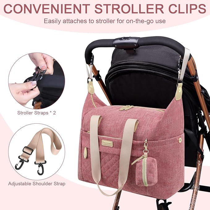 Pritent Diaper Bag Tote - Diaper Baby Bags with Pacifier Case, Shoulder Straps, Stroller Clips, Waterproof Large Mommy Bag Maternity Bag Travel Baby Bag for Mom and Dad, Pink