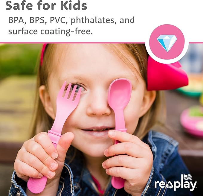 Re-Play Toddler Forks and Spoons Set - 4x4 Utensils Set for Kids - Dishwasher and Microwave Safe - Made in USA - Pack of 8-5.8" x 1.2" x 0.2" - Modern Mint