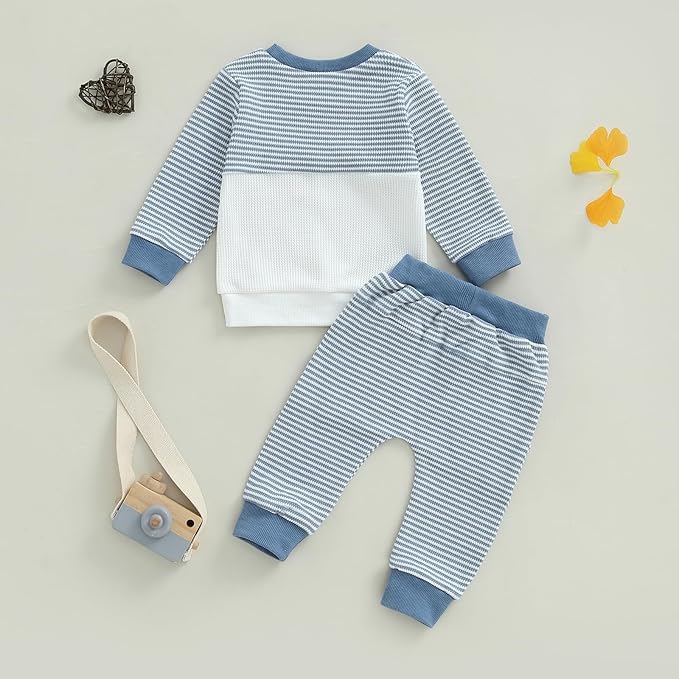 Toddler Baby Boy Fall Clothes Waffle Outfit Long Sleeve Color Blocking Sweatshirt Pullover Jogger Pant Set