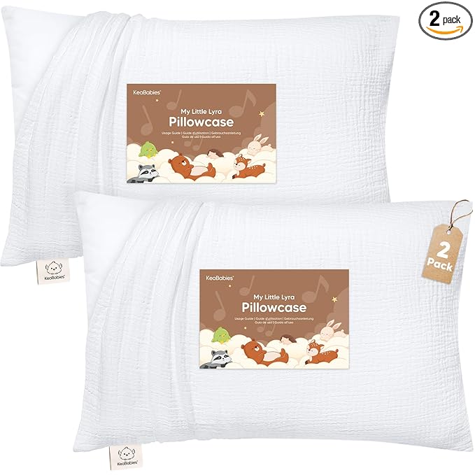 KeaBabies Muslin Toddler Pillowcase 13x18 Only – 2-Pack Organic Cotton Muslin Pillow Case for Kids, Girls, Boys, Small Travel Size Cover, Soft & Breathable Toddler Pillow Sold Separately (Soft White)
