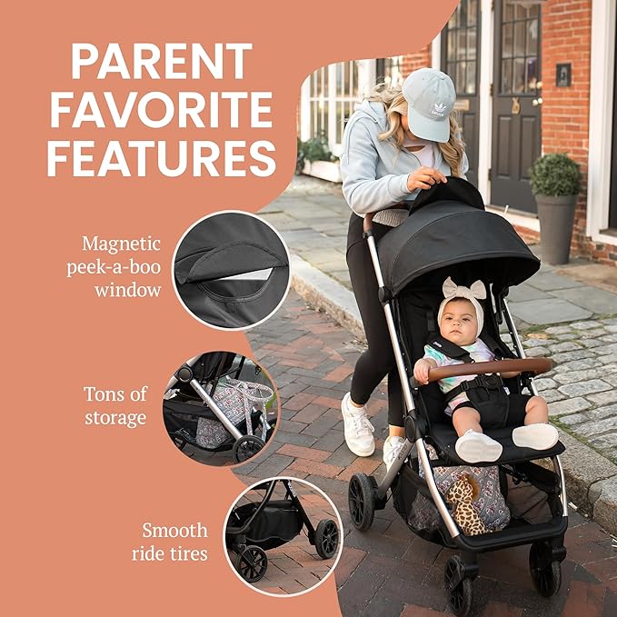Bombi Bēbee V2 Lightweight Baby Stroller - Premium Vegan Leather, One-Hand Fold, Infinite Recline, Aircraft-Grade Aluminum Frame, XXL Canopy, and Ample Storage Umbrella Stroller - Storm Blue