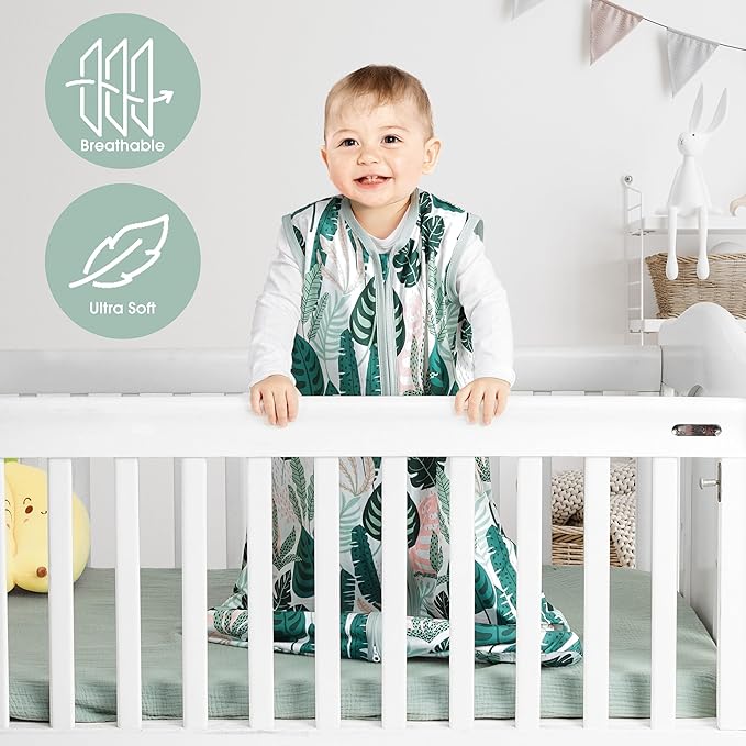 3 Pack Baby Sleep Sack 18-24 Months 100% Rayon Cotton Baby Sleeping Bag 2-Way Zipper Toddler Wearable Blankets Comfy Stretchy Lightweight TOG 0.3 （Banana&leaf&green）