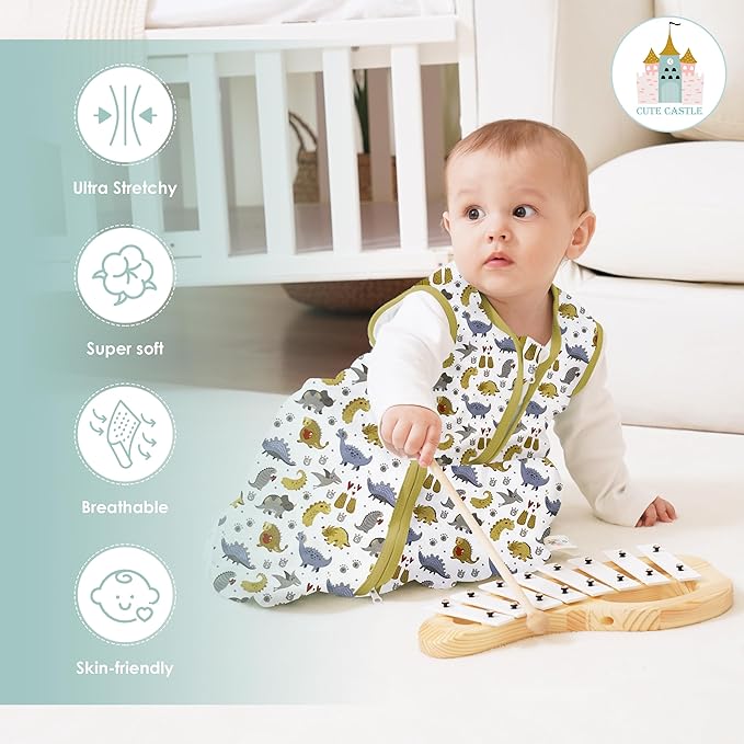 Cute Castle Baby Sleep Sack 12-18 Months - Lightweight 100% Cotton 2-Way Zipper TOG 0.5 Infant Wearable Blanket, Newborn Essentials Toddler Sleep Clothes, 3 Pack(Honey, Dinosaurs, Letters)