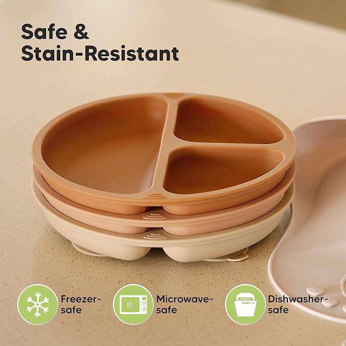 KeaBabies Suction Plates for Baby, Toddler - 3-Pack 100% Silicone Toddler Plates with Suction, Divided, BPA-Free Baby Led Weaning Essentials for Kids, Dishwasher, Microwave Safe, Durable (Terracotta)