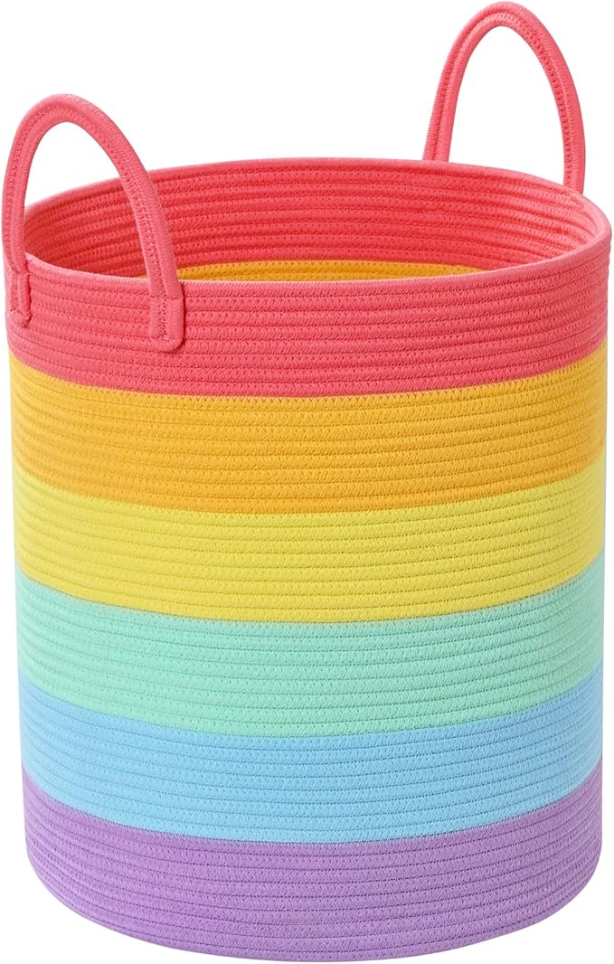 52L Rainbow Storage Basket for Organizing, 15"×18" Large Tall Laundry Baskets, Cotton Rope Woven Blanket Basket, Toy Storage for Kids, Collapsible Laundry Hamper for Living Room, Nursery Room