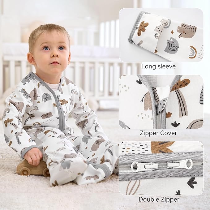 Baby Sleep Sack 12-18 Months, Long Sleeve Baby Wearable Blanket 0.5 Tog with Mittens, 2-Way Zipper Toddler Cotton Sleeping Sack for Boy and Girl Grey Elephant 2 Pack(Large)