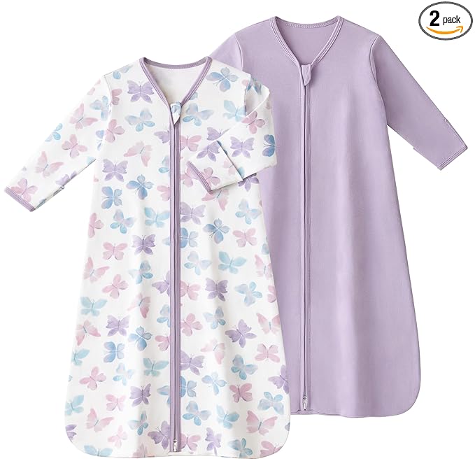 Baby Sleep Sack 12-18 Months, Long Sleeve Baby Wearable Blanket 0.5 Tog with Mittens, 2-Way Zipper Toddler Cotton Sleeping Sack for Boy and Girl Purple Butterfly 2 Pack(Large)