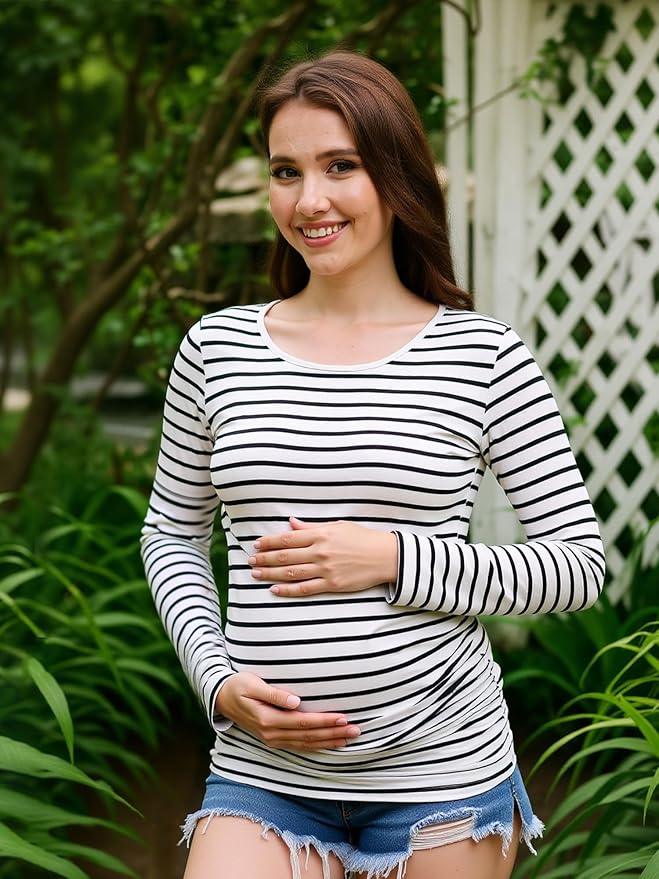 Maternity Shirts Long Sleeve Pregnancy Top for Women with Crew Neck Casual Tee Shirts