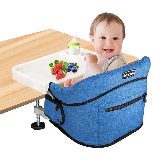 Hook On High Chair, Jozzve Clip on High Chair with Removable Dining Tray for Babies and Toddlers, Fold-Flat Storage Portable Baby Feeding Seat, Attach to Fast Table Chair for Home Travel (Bright Blue)