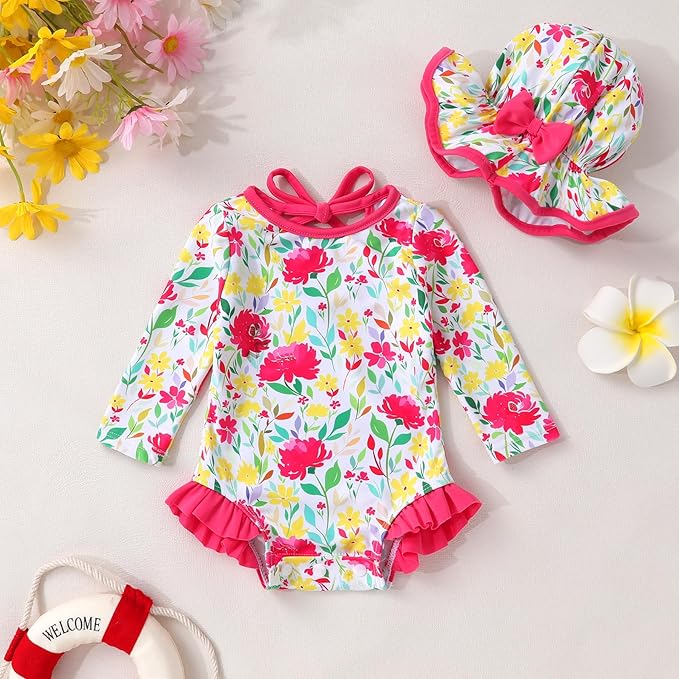 YOUNGER TREE Infant Baby Girls Swimsuit Long Sleeve Swimsuits One Piece Swimsuit Solid Color Bathing Suit with Hat, UPF 50+
