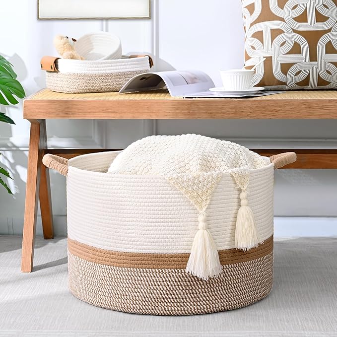 67L Large Blanket Basket, 20"x13" Woven Storage Baskets With Handle, Cotton Rope Blanket Basket Living Room, Baby Laundry hamper for Blanket, Nursery, Toy, Pillow (White & Brown)